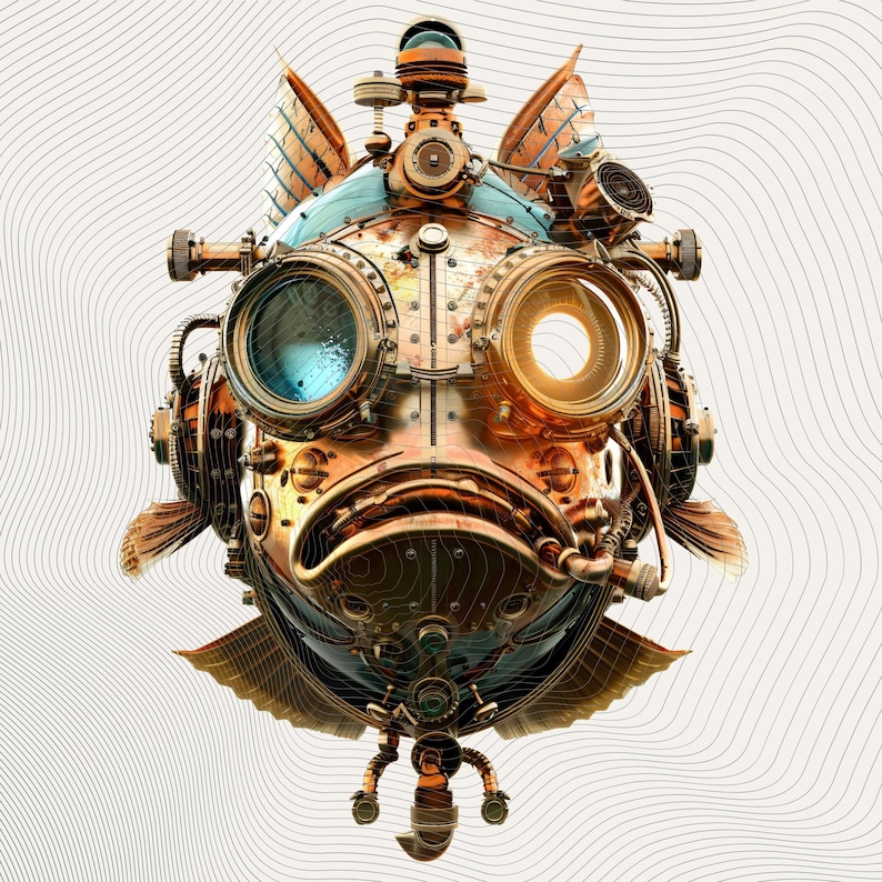 May include: A steampunk-style fish illustration with intricate mechanical details. The fish features large, round goggles, gears, and metallic components in shades of bronze, copper, and blue. The design evokes a retro-futuristic aesthetic.