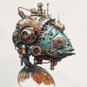 May include: A steampunk-style illustration of a fish with mechanical components. The fish is constructed from various metal parts, including gears, pipes, and rivets, with a color palette of teal, copper, and bronze. The fish has a detailed, industrial design.