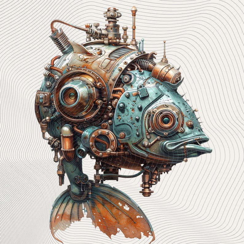 May include: A steampunk-style illustration of a fish with mechanical components. The fish is constructed from various metal parts, including gears, pipes, and rivets, with a color palette of teal, copper, and bronze. The fish has a detailed, industrial design.