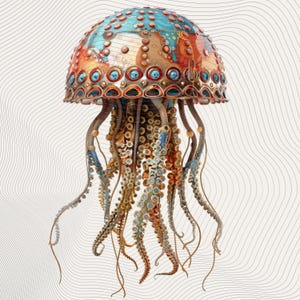 May include: A detailed, artistic depiction of a jellyfish. The jellyfish has a domed, multi-colored top with blue, orange, and gold accents. Its tentacles are long and flowing, with a mix of brown, blue, and gold tones. The artwork has a vintage, handcrafted feel.