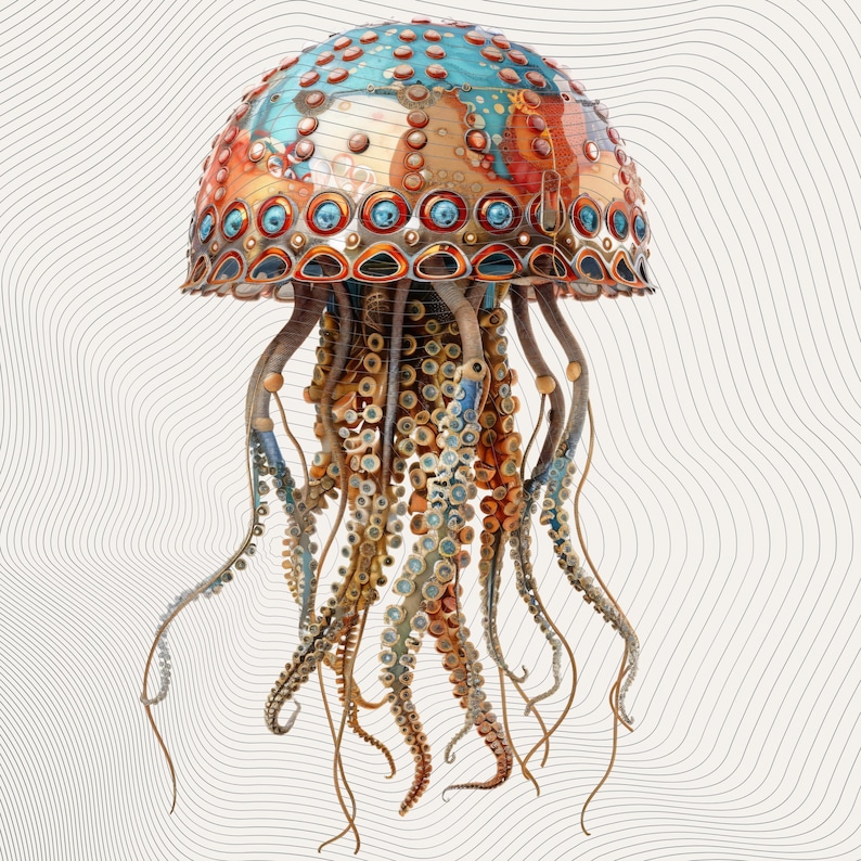 May include: A detailed, artistic depiction of a jellyfish. The jellyfish has a domed, multi-colored top with blue, orange, and gold accents. Its tentacles are long and flowing, with a mix of brown, blue, and gold tones. The artwork has a vintage, handcrafted feel.