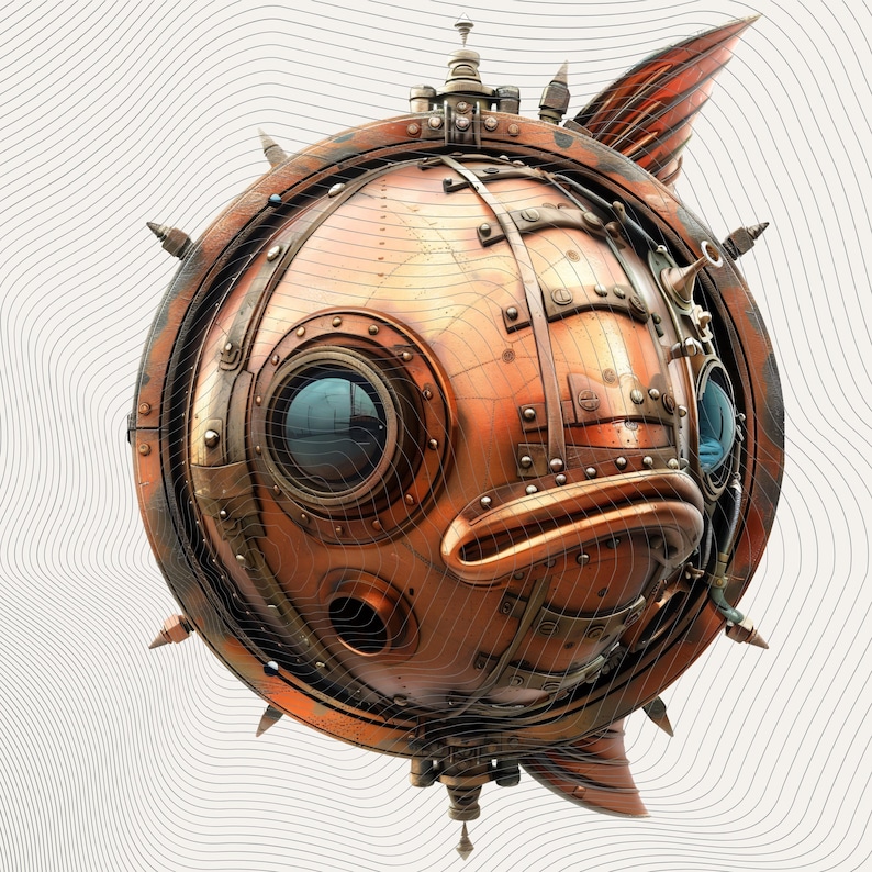 May include: A detailed steampunk-style fish sculpture. The sculpture is made of copper-colored metal with rivets, gears, and porthole-like windows. It has a fin and a series of spikes around its body. The fish has a mechanical, industrial aesthetic.