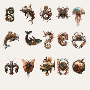 May include: A collection of steampunk-style sea creatures and marine life illustrations. The image features a variety of detailed designs, including a dolphin, octopus, jellyfish, seahorse, crab, and fish, all rendered in metallic tones with intricate mechanical elements.