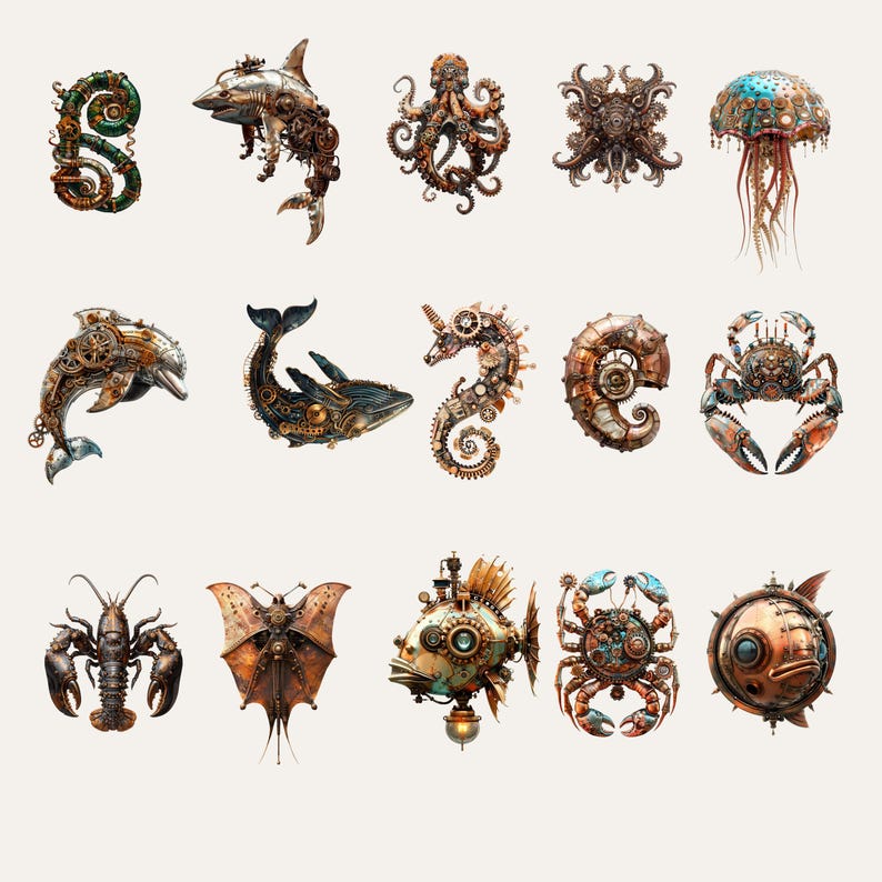 May include: A collection of steampunk-style sea creatures and marine life illustrations. The image features a variety of detailed designs, including a dolphin, octopus, jellyfish, seahorse, crab, and fish, all rendered in metallic tones with intricate mechanical elements.