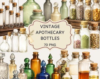 May include: A selection of vintage apothecary bottles in diverse forms and dimensions, sealed with corks. The bottles are transparent, green, amber, and blue, some containing herbs and liquids. The image includes the text "VINTAGE APOTHECARY BOTTLES 70 PNG".