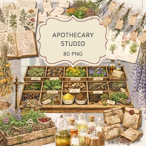 May include: An apothecary-themed digital art piece featuring a wooden display case filled with herbs, seeds, and flowers. The image includes glass bottles, paper tags, and the text "APOTHECARY STUDIO 80 PNG". The color palette is soft, with a vintage aesthetic.