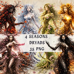 Dryad Clipart Bundle, Fantasy Forest Spirit PNG, Four Seasons Goddess Illustrations, Dark Botanical Clipart for Junk Journal and Scrapbook