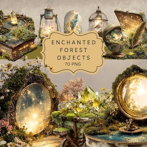 May include: An assortment of enchanted forest objects, including a glowing book, a lantern, a glass dome with a feather, a birdcage, a treasure chest, a globe, and mirrors. The image includes the text "ENCHANTED FOREST OBJECTS 70 PNG".