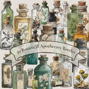 Vintage Botanical Apothecary Bottles Clipart, 50 PNG Glass Jars (Digital Download)
