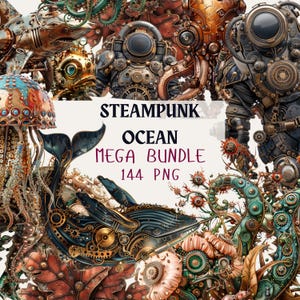 Steampunk Ocean Clipart Bundle | Mechanical Sea Creatures, Botanicals, Objects (144 PNG)