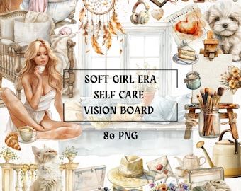 Soft Girl Era Self Care Clipart-paket, 80 neutrala akvarell-PNG-bilder (digital nedladdning)