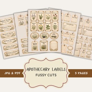 May include: A collection of apothecary labels with botanical illustrations and text. The labels include names like "Herbal Tonic," "Lavender," and "Potion." The design is vintage-inspired, with a cream and brown color scheme. The image also includes the text "APOTHECARY LABELS FUSSY CUTS 5 PAGES."