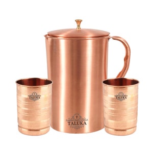 Reine Kupfer Matt Finish Wasser Krug Krug mit Messing-Knopf 1500 ML mit Set von 2, 300 ML Servierglas