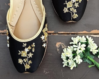 Black Satin Khussa Flats: Golden Dabka, Pearl & Sequin Jutti - Wide Fit
