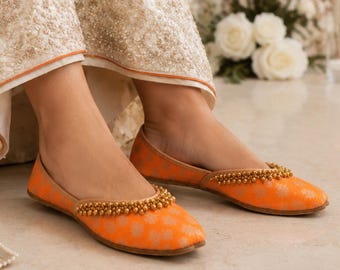 Orange Bridal Flats with Gold Ghungroo, Handmade Banarsi Jutti for Weddings and Mehndi Celebrations