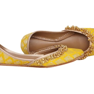 Handmade Banarsi Yellow Juttis: Ghungroo Khussas Embellished Wedding Flats