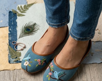 Embroidered Linen Flat Shoes for Women Blue Bird Floral Juttis Bohemian Summer Slip Ons
