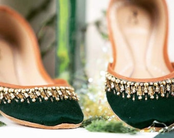 Green Flat Wedding Shoes | Bridal Ballet Shoes with Gold Beads | Punjabi Juttis Khussas