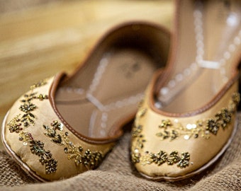 Beige Bridal Flats: Gold Embroidered Satin Wedding Shoes, Comfortable Reception Ballet Khussas