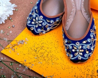 Embellished Juttis Flats: Maya Blue Swirls Wedding Shoes