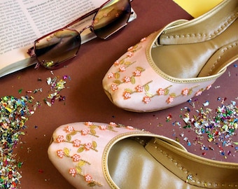 Pink Satin Wedding Shoes: Beaded Floral Embroidery Indian Jutti