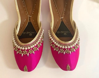 Diamante Bedizenment - Stunning Pink Embellished Ballet Flat Shoes Pink Jutis Pink Mojari Pink Khussa