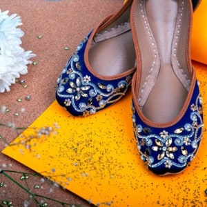 Maya Blue Swirls - Blue base Embellished Wedding Ballet Flat Shoes Blue Jutis Blue Slip Ons Mojari Blue Khussa Ballerines Bleu Clair