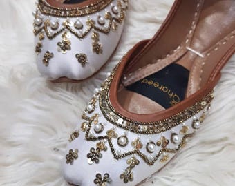 White Wedding Shoes: Handmade Bridal Shoes with Gold Beads
