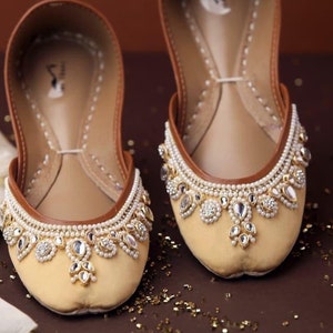 Pearl Kundan Amalgam - Beige Base Embellished Ballet Flat Shoes Beige Jutis Beige Slip Ons Mojari Beige Khussa Indian Wedding Shoes