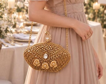Antique Gold Swan Bridal Clutch, Embellished Wedding Purse with Pearl Clasp and Chain Strap