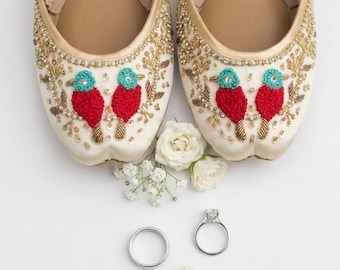 Ivory Bridal Flats: Embroidered Love Birds, Indian Jutti Mojari
