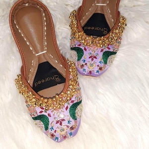 Handmade Lavender Bridal Flats: Comfortable Satin Slip-Ons with Golden Ghungroo & Peacock Embroidery – Customizable Wedding Juttis
