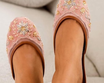 Blush Pink Velvet Bridal Flats Gold Beaded Wedding Shoes