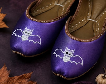 Purple Halloween Flats with Bat Embroidery, Handmade Satin Jutti Shoes for Women and Parties