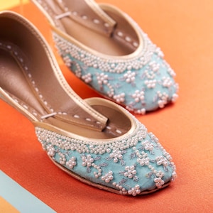 Pearl Ensemble - Custom Sky Blue Embellished Bridal Flats with Pearls for Weddings, Indian Juttis, Mojaris, Pakistani Khussa Shoes