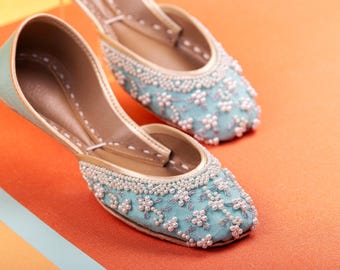 Sky Blue Pearl Bridal Flats: Handmade Indian Wedding Shoes