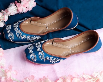 Blue Satin Wedding Shoes: Pearl Flower & Silver Vine Embroidery
