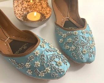 Sky Blue Embellished Jutis: Handmade Pearl Mojari Khussa Flats