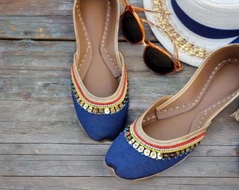 Handmade Beaded Denim Blue Flats: Indian Khussa Jutti Shoes