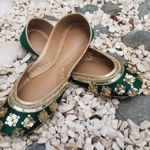 Harā Hadippa - Green base Green Embellished Ballet Flat Shoes Green Jutis Green Slip Ons Mojari Green Khussa Indian Wedding Shoes