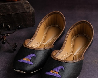 Black Halloween Flats With Purple Witch Hat Embroidery, Handmade Jutti Shoes for Women’s Costumes