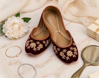 Burgundy Velvet Wedding Flats: Gold Embroidered Bridal Juttis Cushioned Reception Khussa Shoes