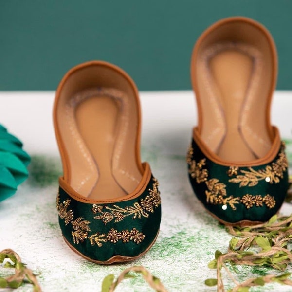 Nawabi Green - Green Embellished Ballet Flat Shoes Green Jutis Green Slip Ons Mojari Green Khussa Vert Ballerines St Patrick's shoes