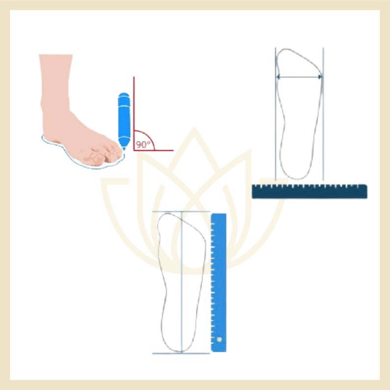 May include: Diagram showing three methods for measuring foot length for shoe sizing. The first method shows a foot tracing on a flat surface with a ruler measuring the length. The second method shows a foot outline on a vertical surface with a ruler measuring the length. The third method shows a foot outline on a horizontal surface with a ruler measuring the length.