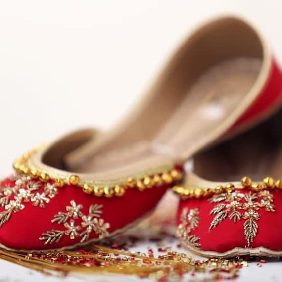Red Wedding Mojari Flats: Handmade Pakistani Khussa Jutis with Gold Bells