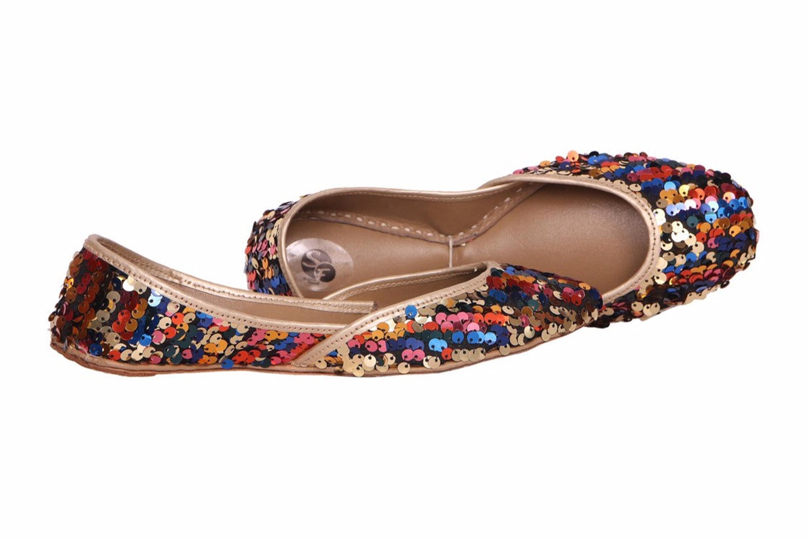 gold multi colour sequins embellished ballet flat shoes black jutis black mojari black khussa