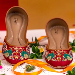 Peacock Love - Embellished Red Ballet Flats Embroidered Flat Shoes Embroidery Khussa, Juti, Slip Ons