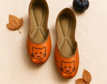 Orange Halloween Cat Flats, Embroidered Jutti Shoes for Women, Handmade Comfortable Party Footwear Gift