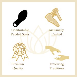 May include: Illustration of a shoe sole, a shoe being crafted, a quality award, and two hands reaching towards each other. The text reads "Comfortable Padded Soles", "Artisanally Crafted", "Premium Quality", and "Preserving Traditions".