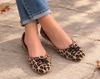 Leopard Print Lace Up Ballet Flats for Women, Handmade with Tan Trim
